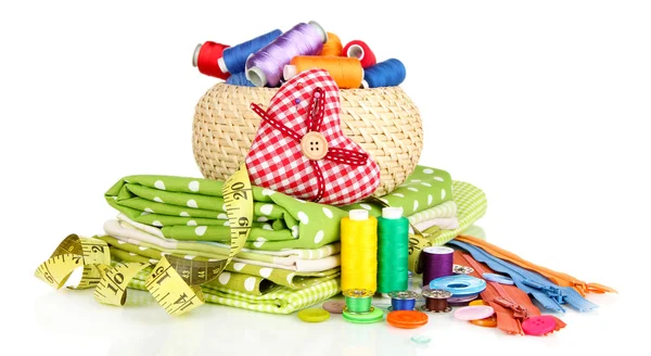 Wicker basket with accessories for needlework isolated on white — Stock Photo, Image