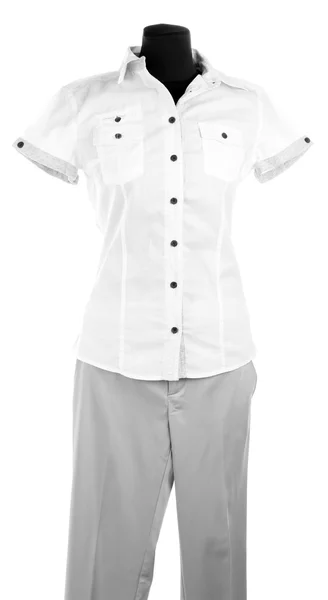 Гарна блузка і сірі штани на манекені, ізольовані на білому — стокове фото
