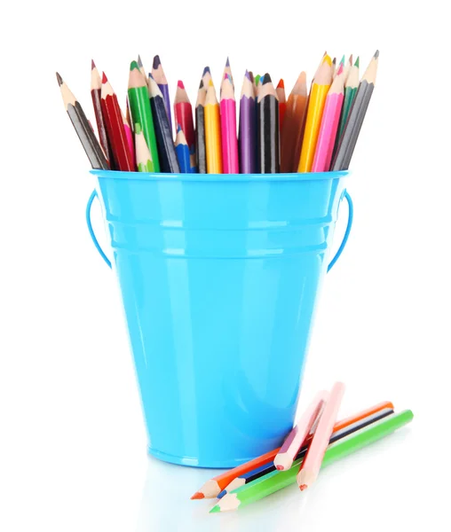 Color bucket with multicolor pencils, isolated on white — Stock Photo, Image