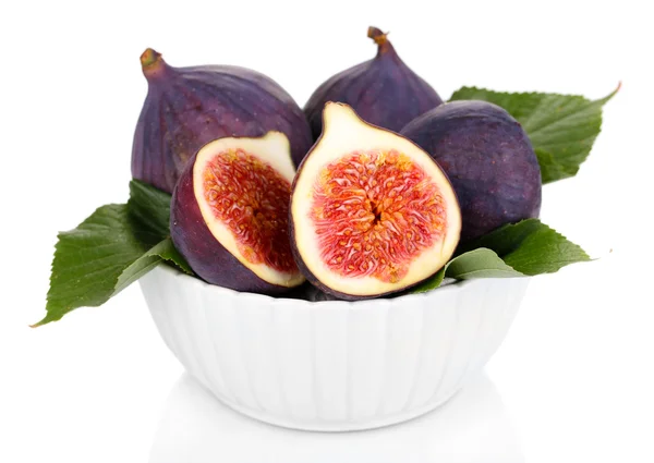 Ripe figs in bowl isolated on white — Stock Photo, Image