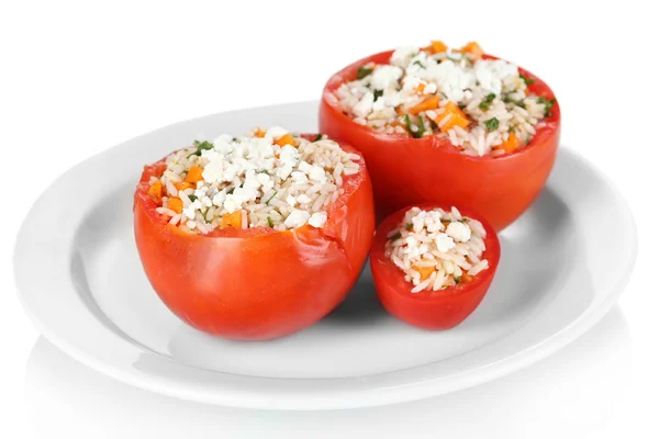 Stuffed tomatoes on plate isolated on white — Stock Photo, Image