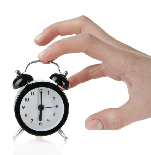 Alarm clock and hand isolated on white — Stock Photo, Image