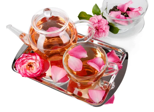 Kettle and cup of tea from tea rose on metallic tray on white — Stock Photo, Image