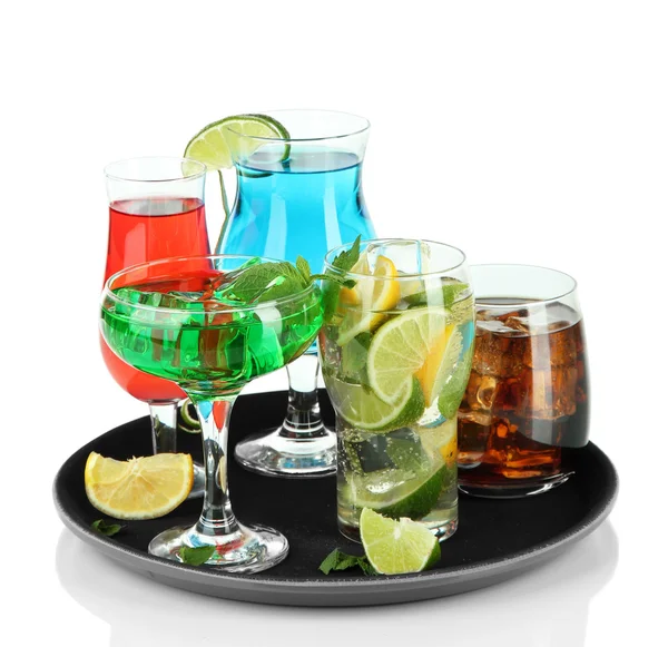 Many glasses of cocktails on tray, isolated on white — Stock Photo, Image