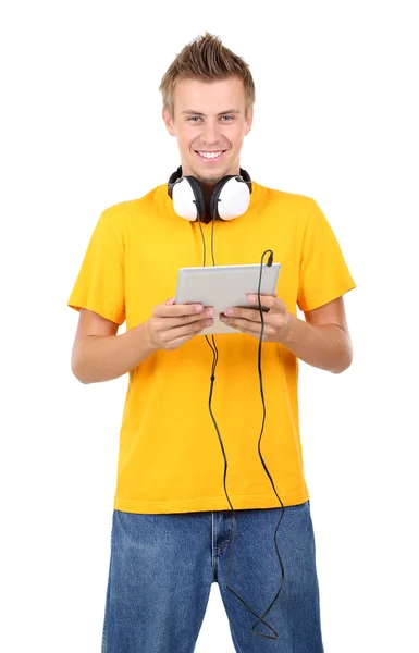 Yakışıklı genç adam beyaz izole müzik dinlemek — Stok fotoğraf