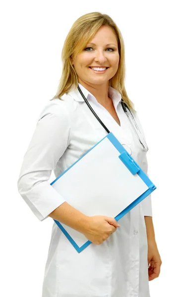 Woman doctor writing medical history, isolated on white — Stock Photo, Image