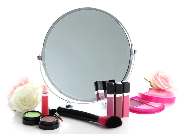 Group decorative cosmetics for makeup and mirror, isolated on white — Stock Photo, Image