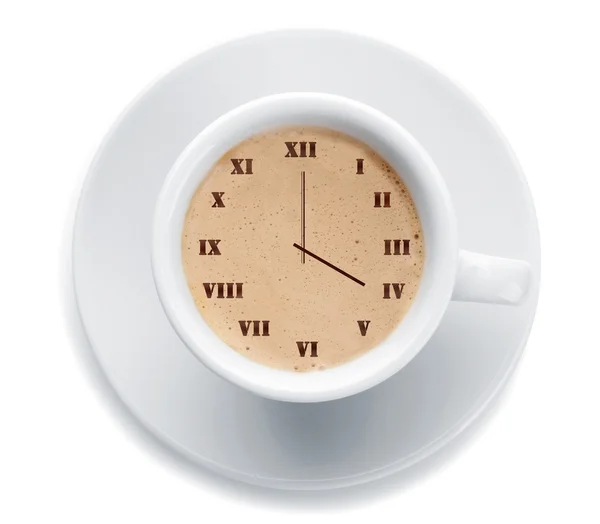 Tasse frischen Kaffee mit Uhrenschild — Stockfoto