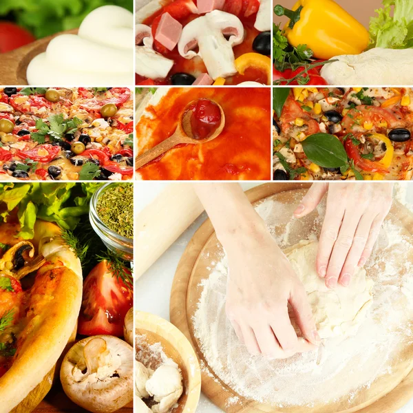 Collage of delicious pizza with ingredients — Stock Photo, Image