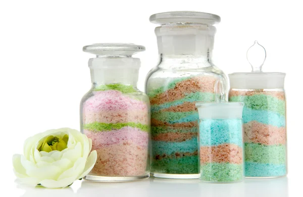 Sais aromáticos em frascos de vidro, isolados sobre branco — Fotografia de Stock