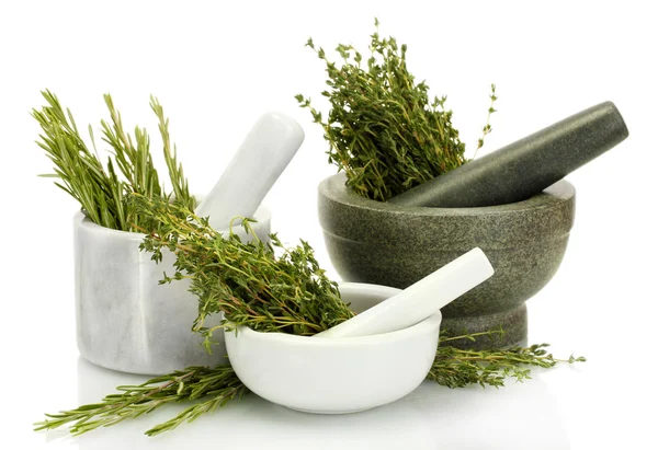 Mortars with fresh green thyme and rosemary isolated on white — Stock Photo, Image