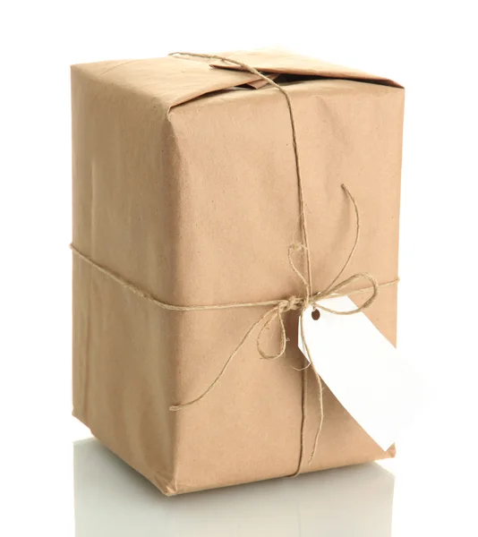 Parcel box with kraft paper, isolated on white — Stock Photo, Image