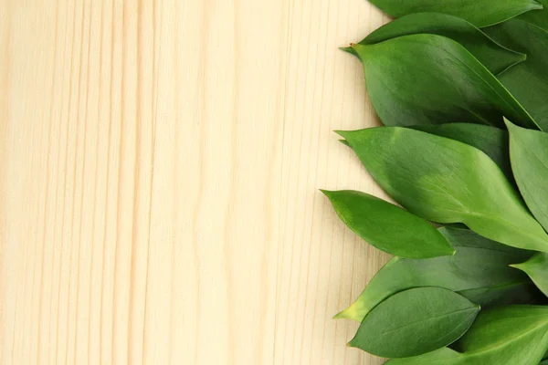 Prachtige groene bladeren, op houten achtergrond — Stockfoto