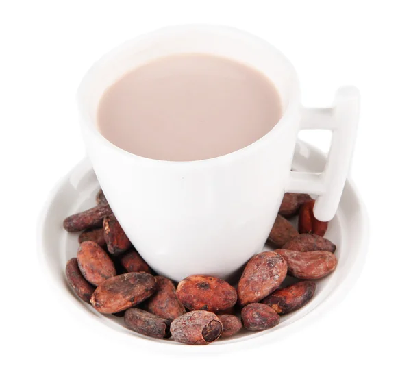 Cocoa drink and cocoa beans isolated on white — Stock Photo, Image