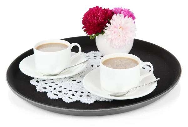 Cups of coffee on tray isolated on white — Stock Photo, Image