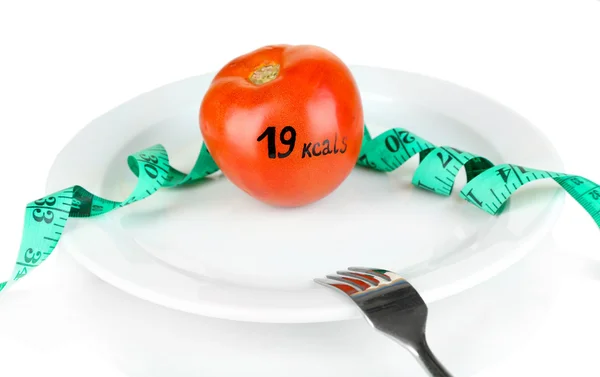 Calorie content of tomato on plate isolated on white — Stock Photo, Image