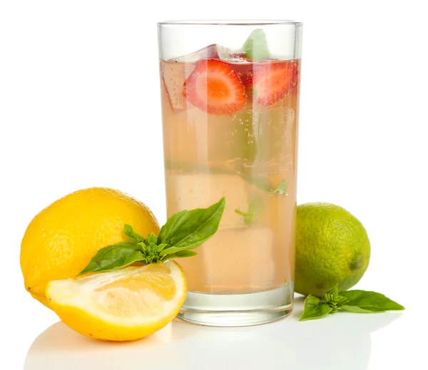 Basil lemonade with strawberry in glass, isolated on white — Stock Photo, Image