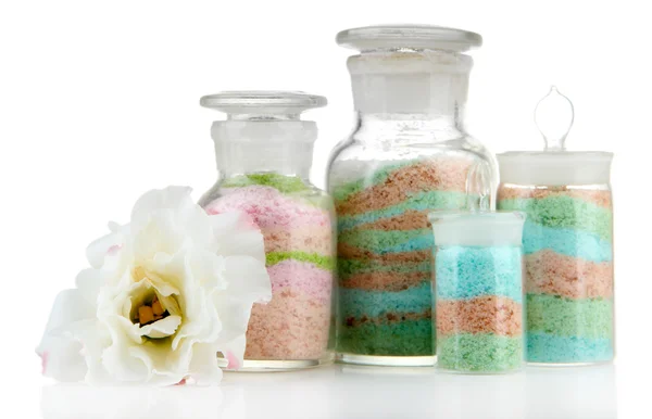 Sali aromatici in bottiglie di vetro, isolati su bianco — Foto Stock