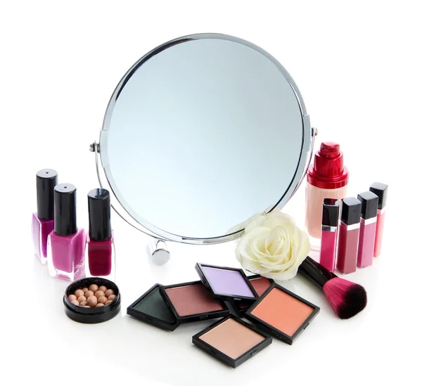 Group decorative cosmetics for makeup and mirror, isolated on white — Stock Photo, Image