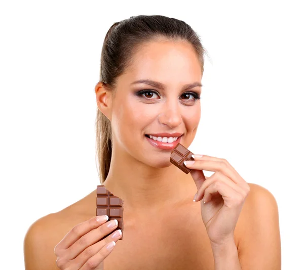 Retrato de hermosa joven con chocolate aislado en blanco —  Fotos de Stock