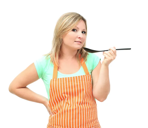 Woman with spoon isolated on white — Stock Photo, Image