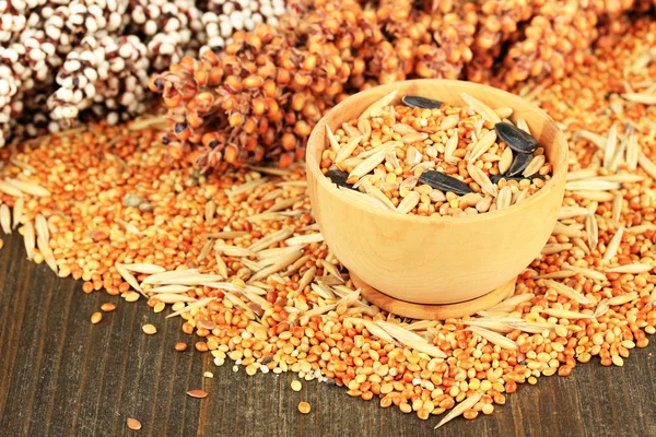 Food for parrots on wooden background