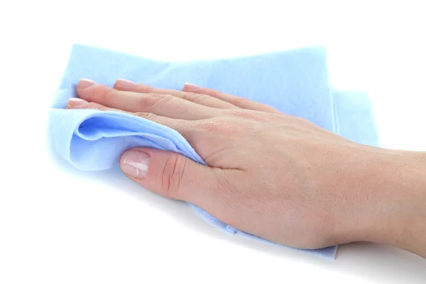 Hand oppervlak met blauwe geïsoleerd op het witte doek afvegen — Stockfoto