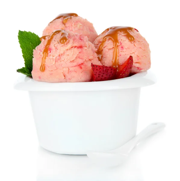 Gustose palline di gelato in ciotola, isolate su bianco — Foto Stock