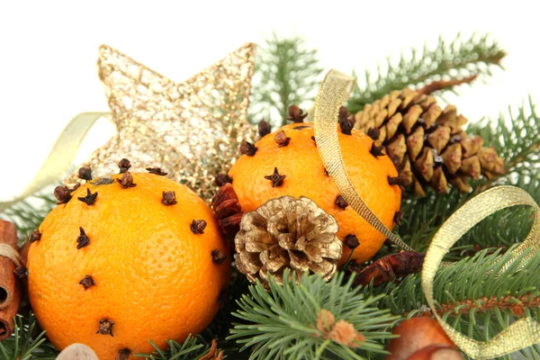 Christmas composition with oranges and fir tree, isolated on white — Stock Photo, Image