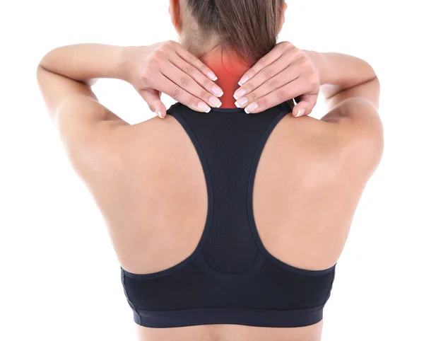 Young girl and pain in neck isolated on white — Stock Photo, Image