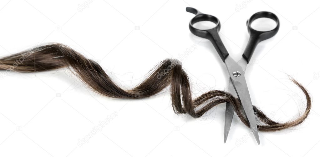 Shiny brown curl with scissors isolated on white