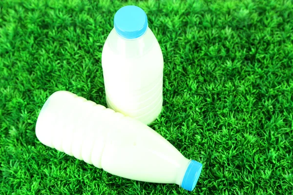 Milk in bottles on grass — Stock Photo, Image