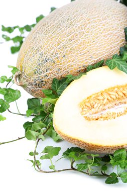 yaprakları üzerinde beyaz izole olgunlaşmış kavun