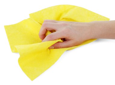 sarı bez ile el silme yüzeyi beyaz izole