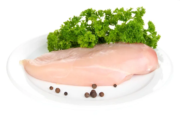 Raw chicken fillets on white plate, isolated on white — Stock Photo, Image