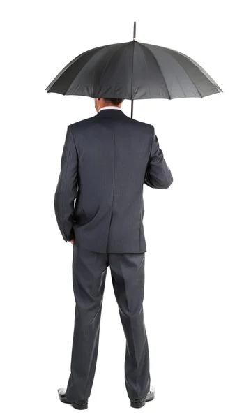 Empresario con paraguas, aislado en blanco —  Fotos de Stock