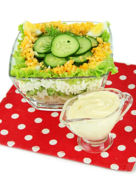 Delicious salad with eggs, cabbage and cucumbers, isolated on white — Stock Photo, Image