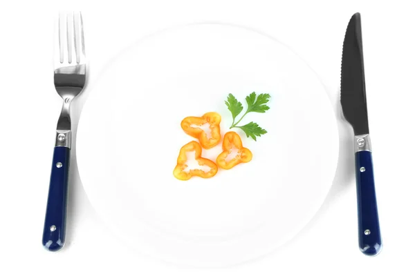 Malá část potravin na velký talíř izolovaných na bílém — Stock fotografie