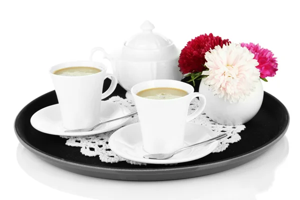 Cups of coffee on tray isolated on white — Stock Photo, Image