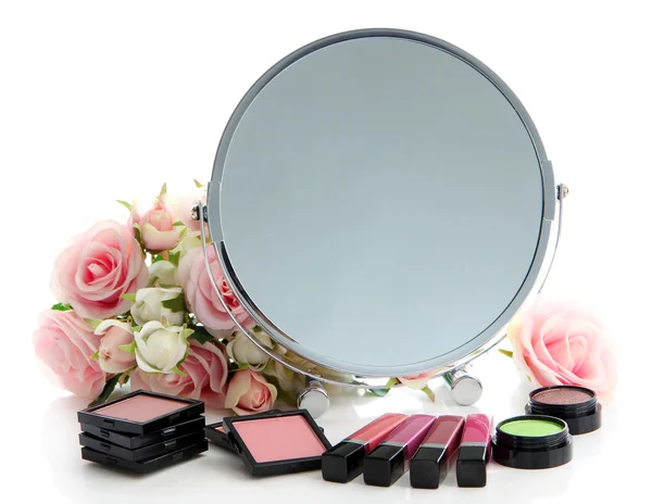 Group decorative cosmetics for makeup and mirror, isolated on white — Stock Photo, Image