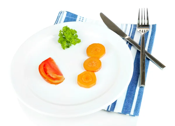 Klein deel van voedsel op grote plaat geïsoleerd op wit — Stockfoto