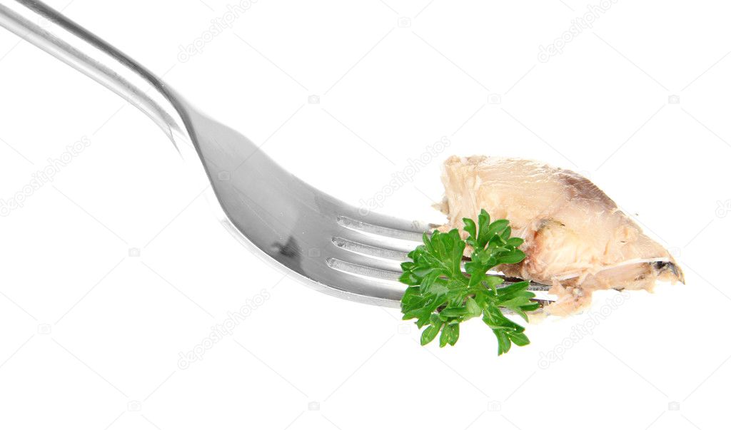 Fork with piece of canned comber, isolated on white