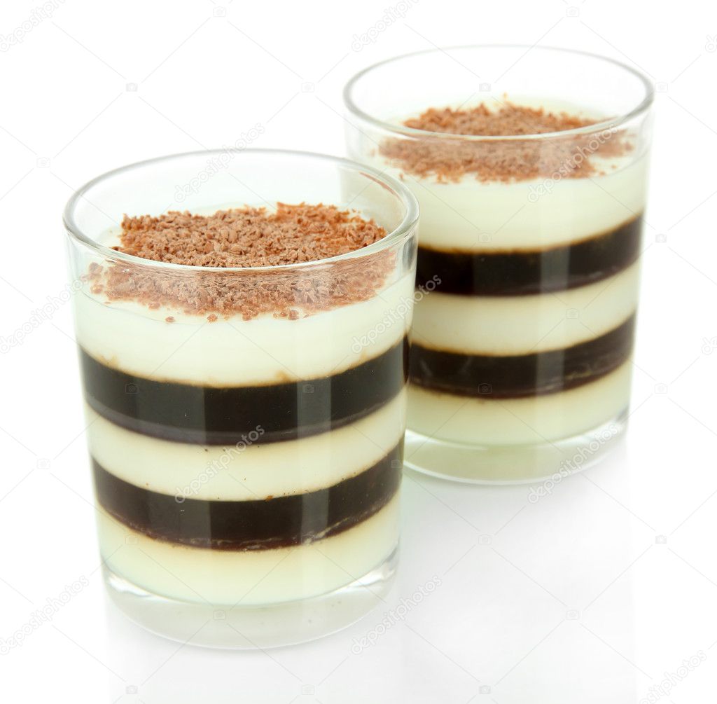 Tasty jelly coffee with milk isolated on white