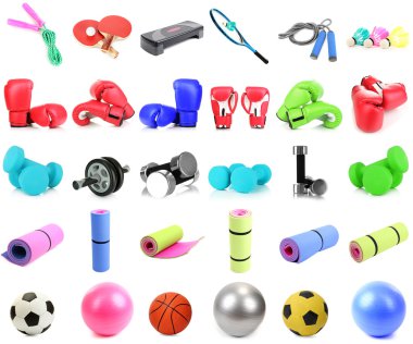 spor ekipmanları kolaj üzerinde beyaz izole