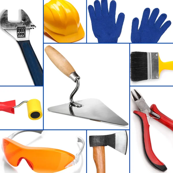Collage de diferentes herramientas aisladas en blanco — Foto de Stock
