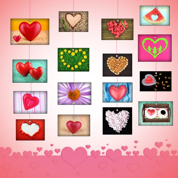 Collage of heart-shaped things on pink background — Stock Photo, Image