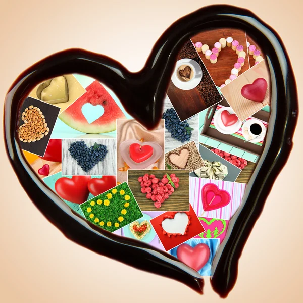 Collage di cose a forma di cuore nel cuore di cioccolato su sfondo beige — Foto Stock