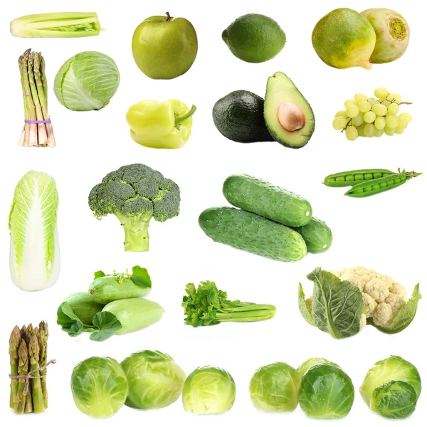 Collage de verduras y frutas verdes aisladas en blanco —  Fotos de Stock