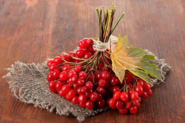 Kartopu çul peçeteye ahşap arka plan üzerinde kırmızı meyveler