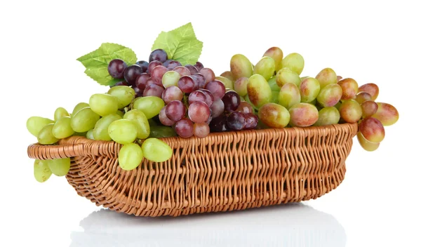 Fresh grape in wicker basket, isolated on white — Stock Photo, Image